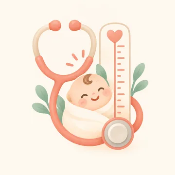 청진기와 체온계 사이에서 포대기에 싸여 웃는 아기 그림