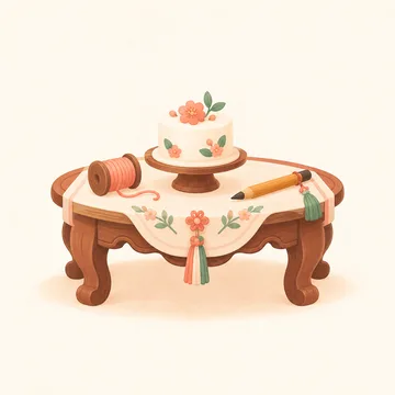 케이크와 실타래, 연필이 놓인 돌상 그림